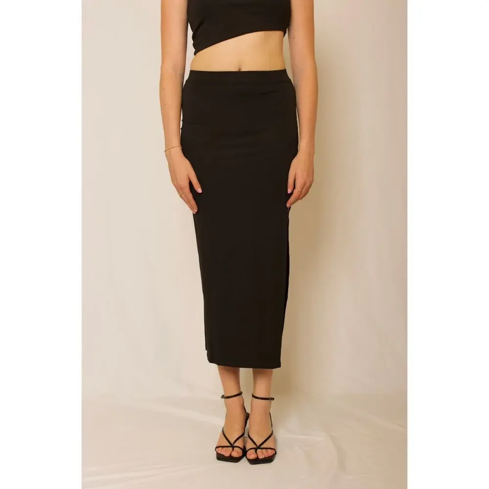 Julianne Bartolotta Black Side Slit Crop Tank Top Midi 2 Piece Skirt Set Size S